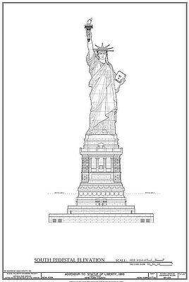 The Statue of Liberty stands atop its pedestal in a scale drawing of the statue from the front.