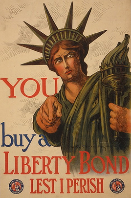 The Statue of Liberty rendered as a human intently stares at the viewer of the poster while pointing her finger in a colorful illustration.
